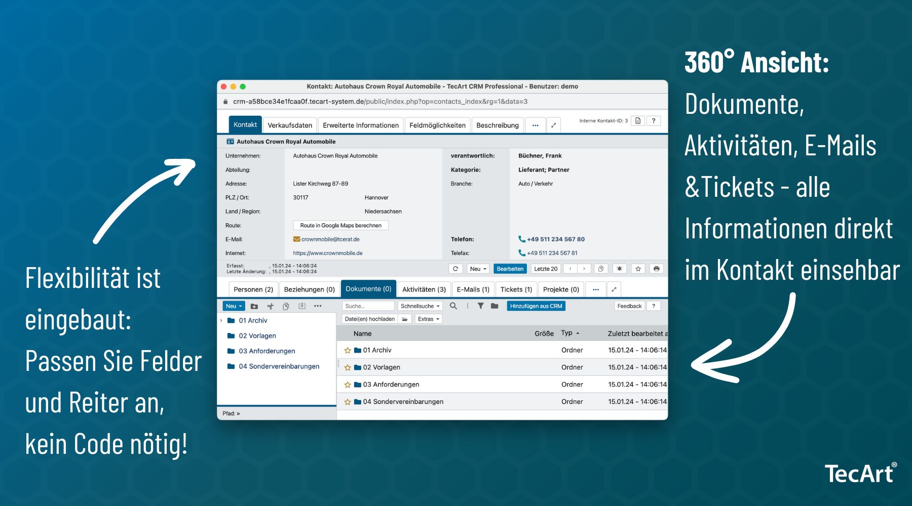 Im TecArt CRM finden Sie alle relevanten Daten an einem Ort